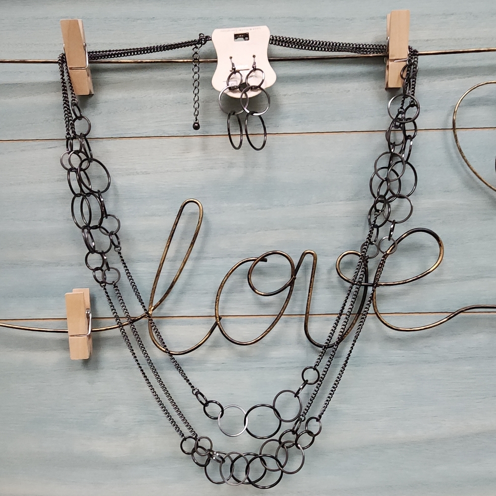 New Gunmetal Multi-Layered Chain With Circles Necklace with Earrings Set